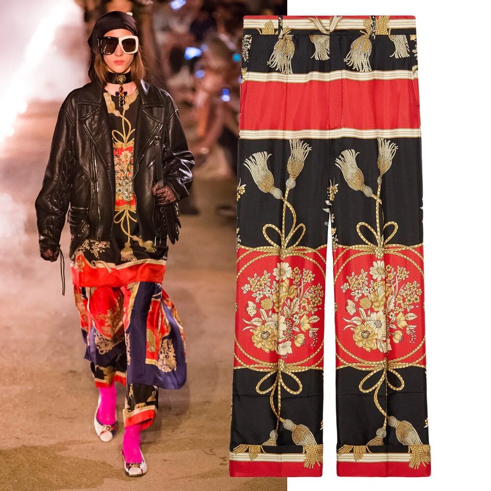 GUCCI PANTS SILK TWILL FLOWERS TASSELS PRINT sz IT 38 US 2